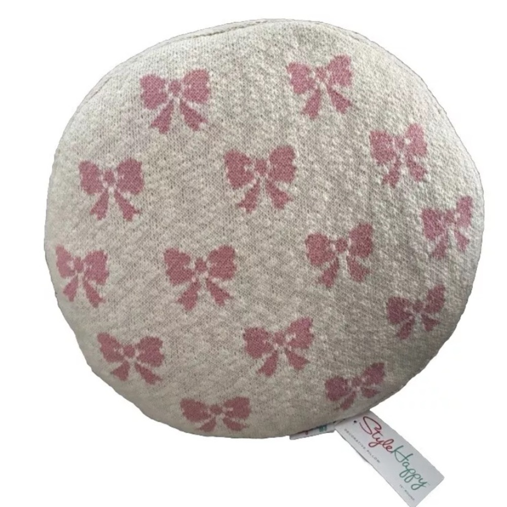 Style Happy Round Pink Bow Viral Decorative Pillow 16” NEW